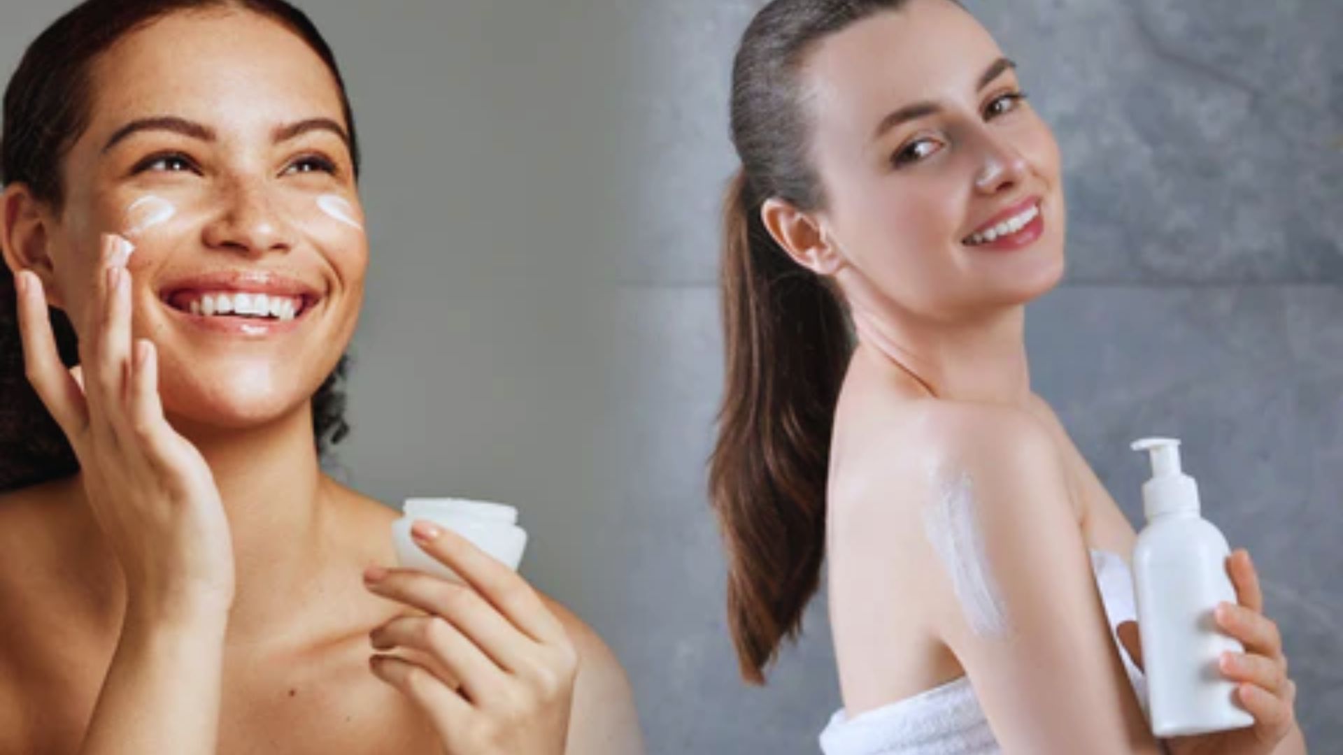 Two women smile while holding their skincare products, showcasing their enthusiasm for beauty and self-care.