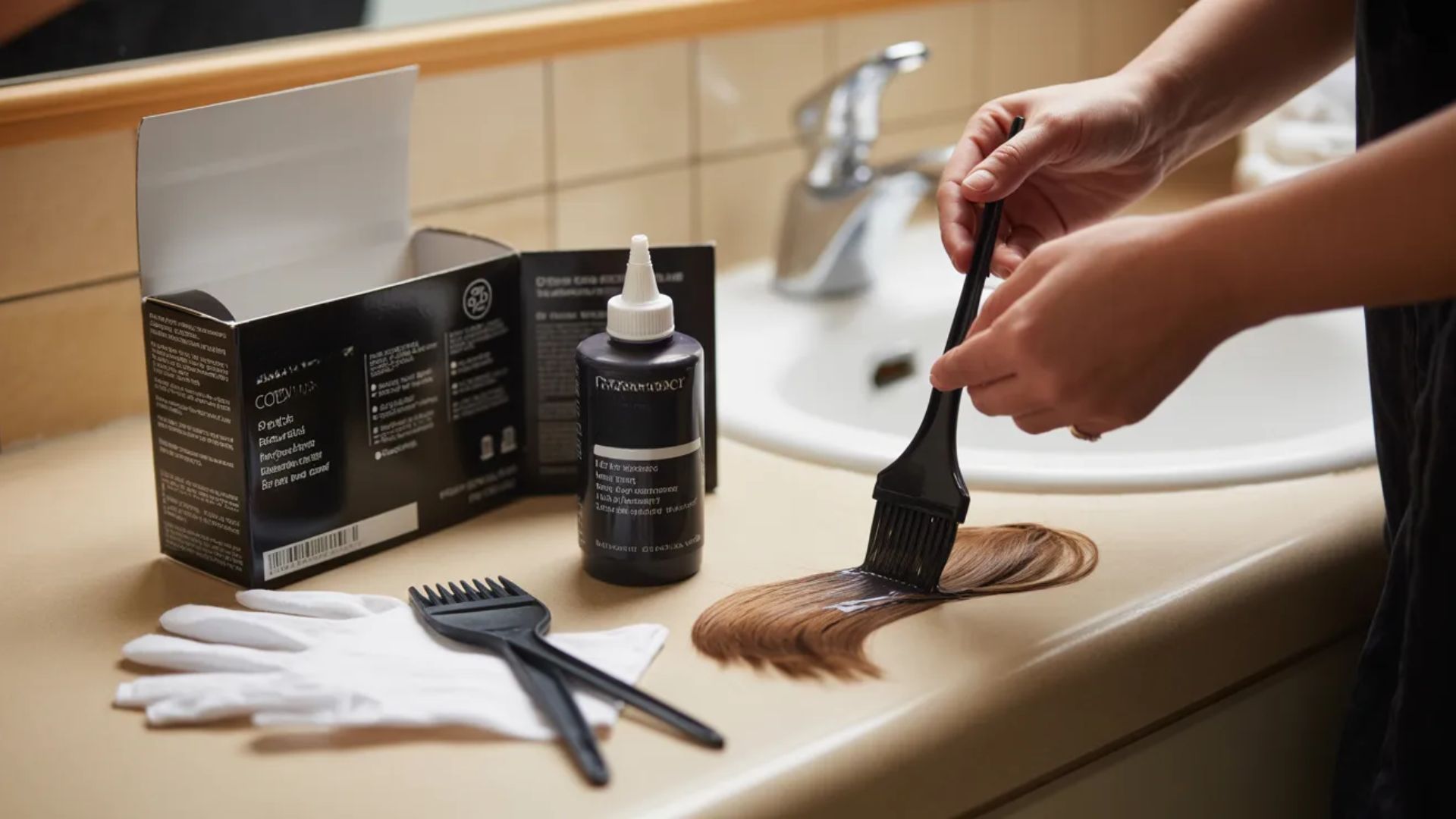 A person applies hair dye from a kit while standing at a bathroom sink, surrounded by dye tools and a towel.