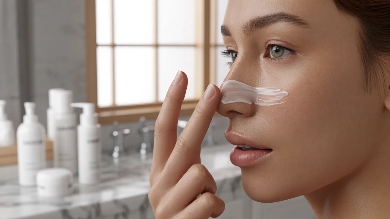 A woman applies cream to her face, focusing on skincare in a well-lit bathroom setting.