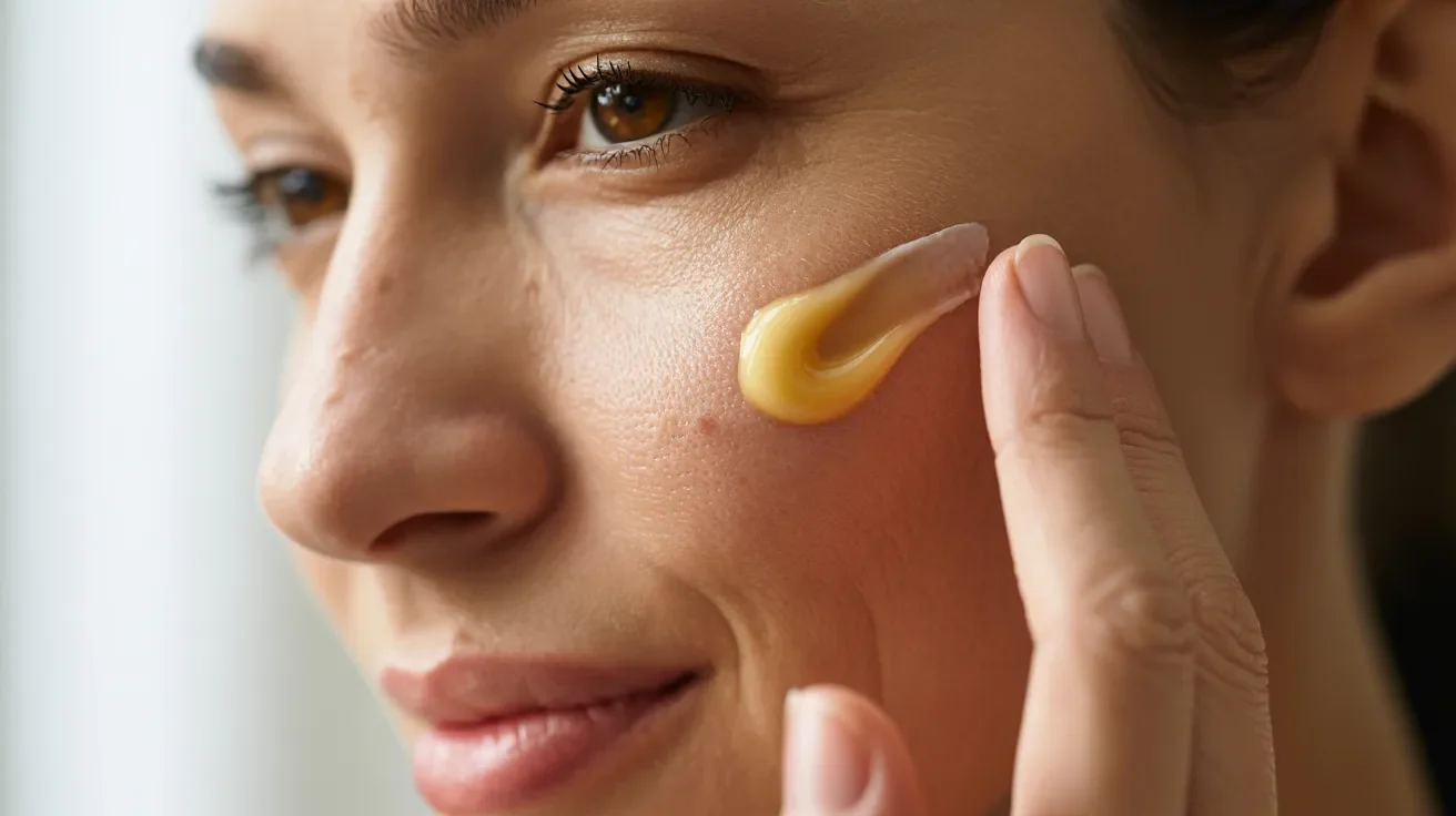 A woman gently applies cream to her face, focusing on skincare in a well-lit bathroom setting.