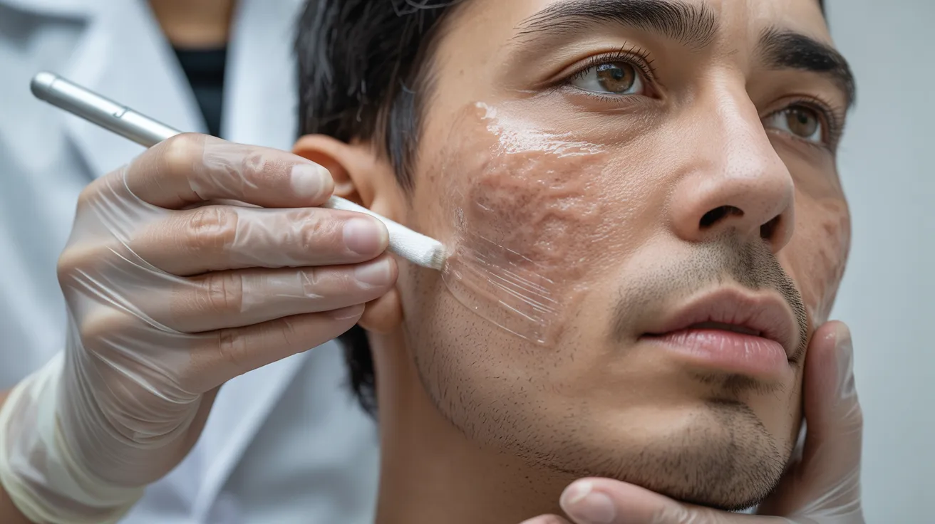 A man receiving a face tattoo, focused on the process as a tattoo artist uses a needle on his skin.