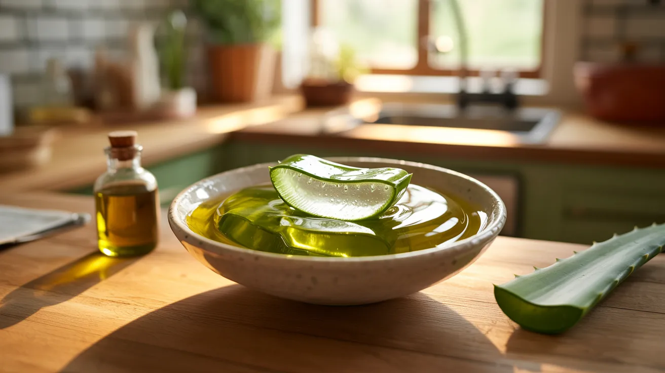 Fresh aloe vera leaves in a bowl on a kitchen counter, surrounded by a clean and organized kitchen setting.