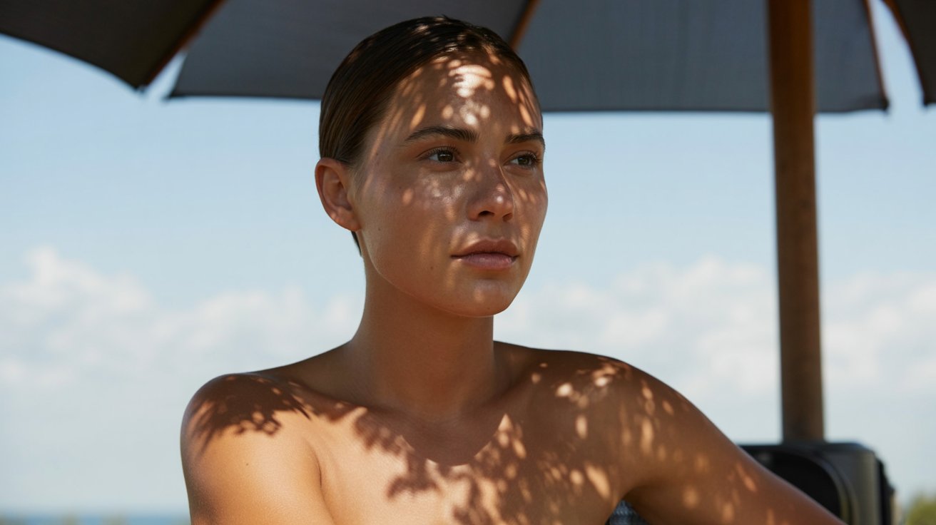 A woman sitting under an umbrella, wearing no shirt, enjoying a sunny day outdoors.