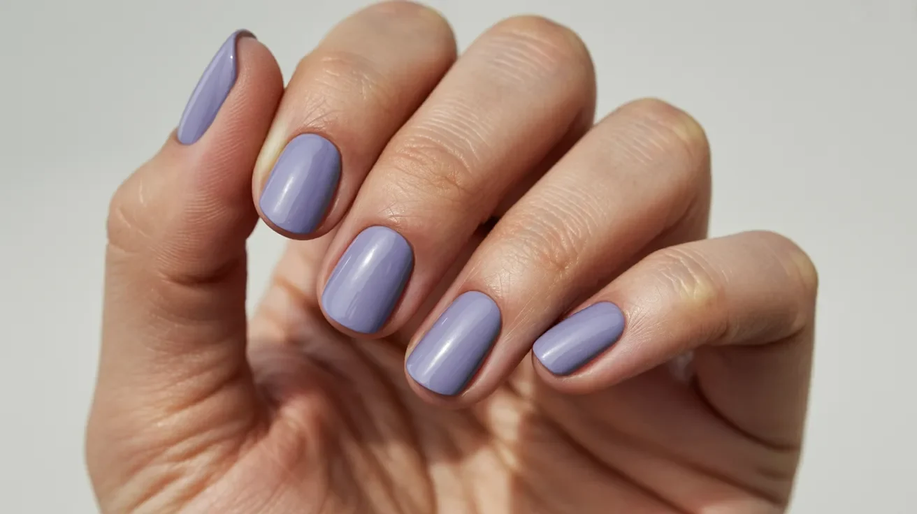 A woman's hand with purple nails holds a bottle of purple nail polish against a neutral background.