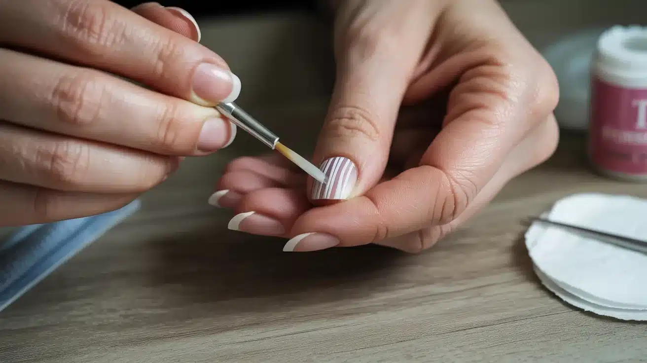 A person carefully applies bright red nail polish to their fingernails, showcasing a steady hand and attention to detail.