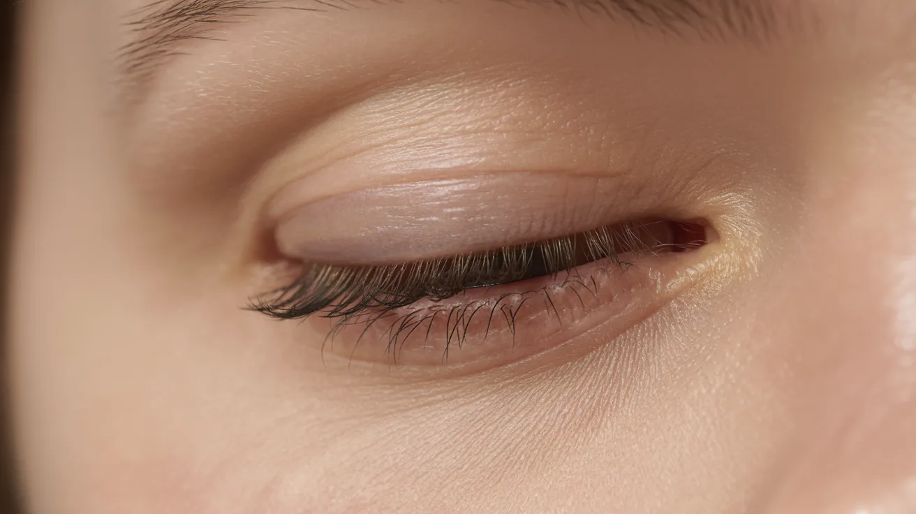 A close-up of a woman's eye featuring a prominent, large white sclera surrounding the iris.