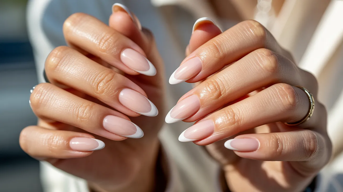 A woman showcasing her long French manicured nails, elegantly displayed against a neutral background.