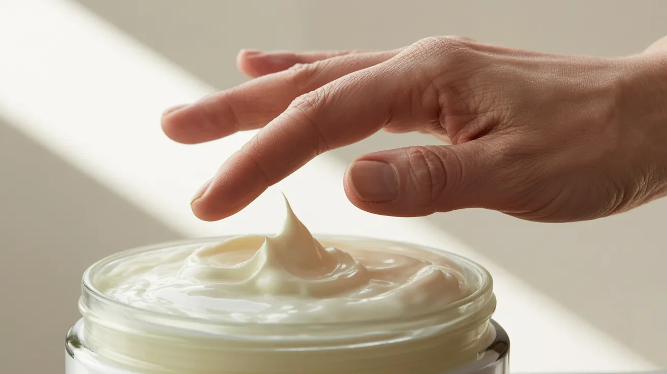 A hand extends towards a jar of cream on a surface, indicating an intention to use the product.