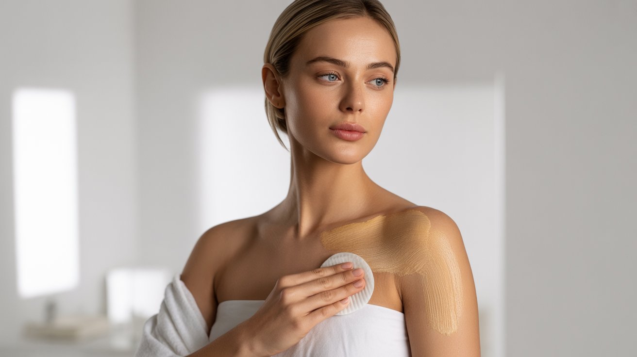 A woman wrapped in a towel applies cream to her skin, focusing on her arm in a bright, well-lit bathroom.
