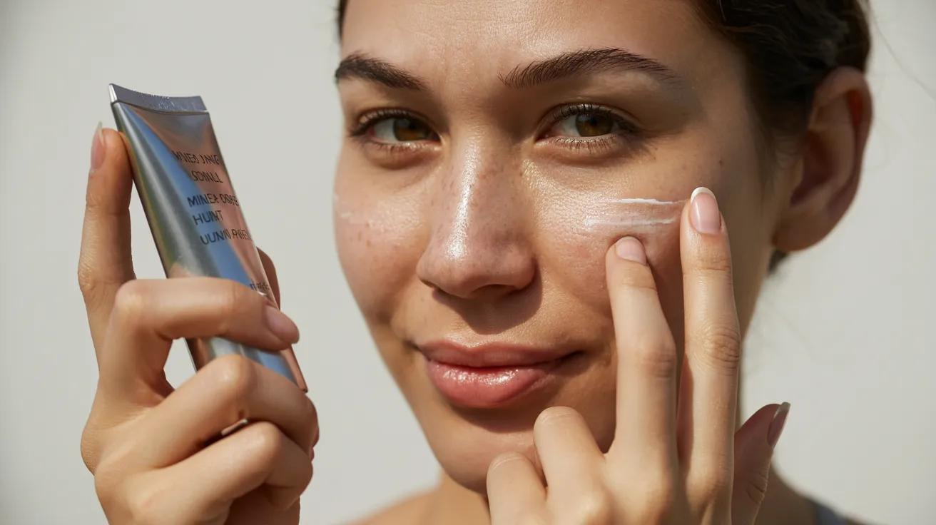 A woman applies cream to her face, focusing on skincare in a well-lit bathroom setting.