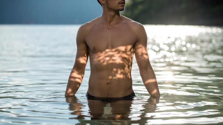 A man stands in the water with his hands on his hips, looking confidently at the horizon.