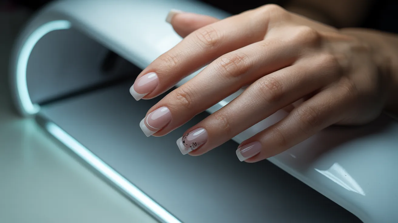 A close-up of a woman's hands showcasing elegant French manicured nails against a neutral background.