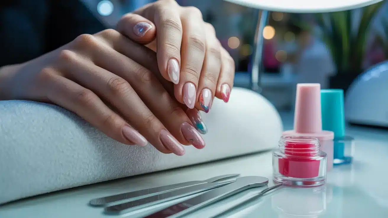 A woman is having her nails painted with colorful nail polish at a salon.