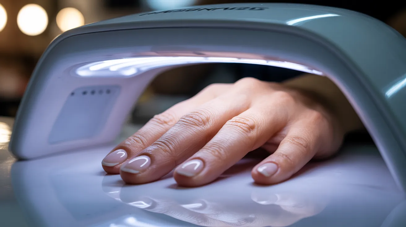 A person drying their nails under a nail lamp, showcasing a manicure process in a well-lit setting.