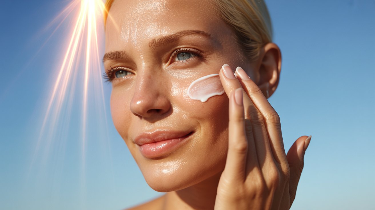 A woman applying sunscreen to her face, ensuring protection from sun exposure.