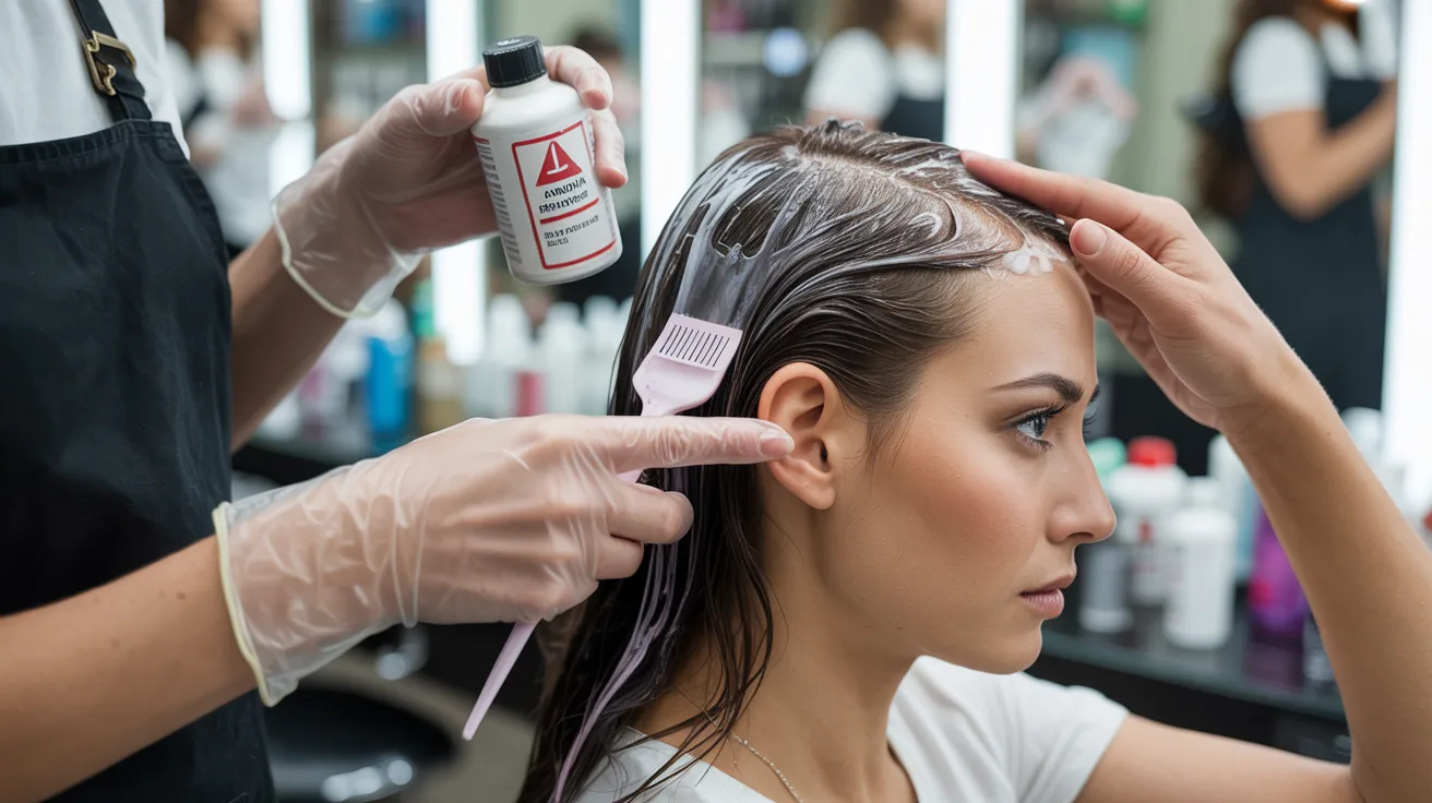 A woman sits in a salon chair, having her hair dyed by a stylist, surrounded by salon equipment and mirrors.