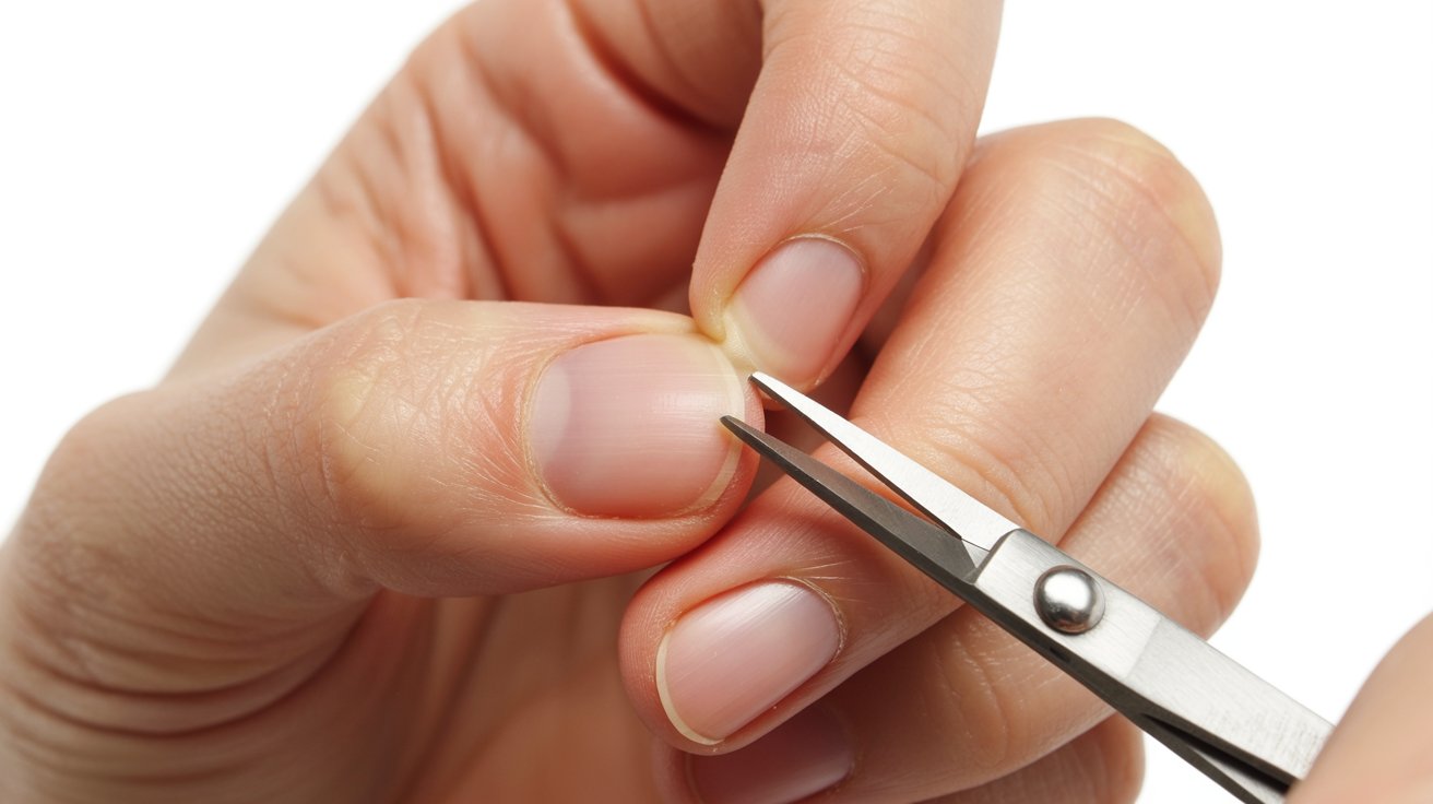 A person using scissors to cut a fingernail, focusing on precision and care in the grooming process.