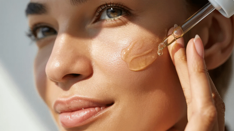 A woman gently applies cream to her face, focusing on skincare in a well-lit bathroom setting.