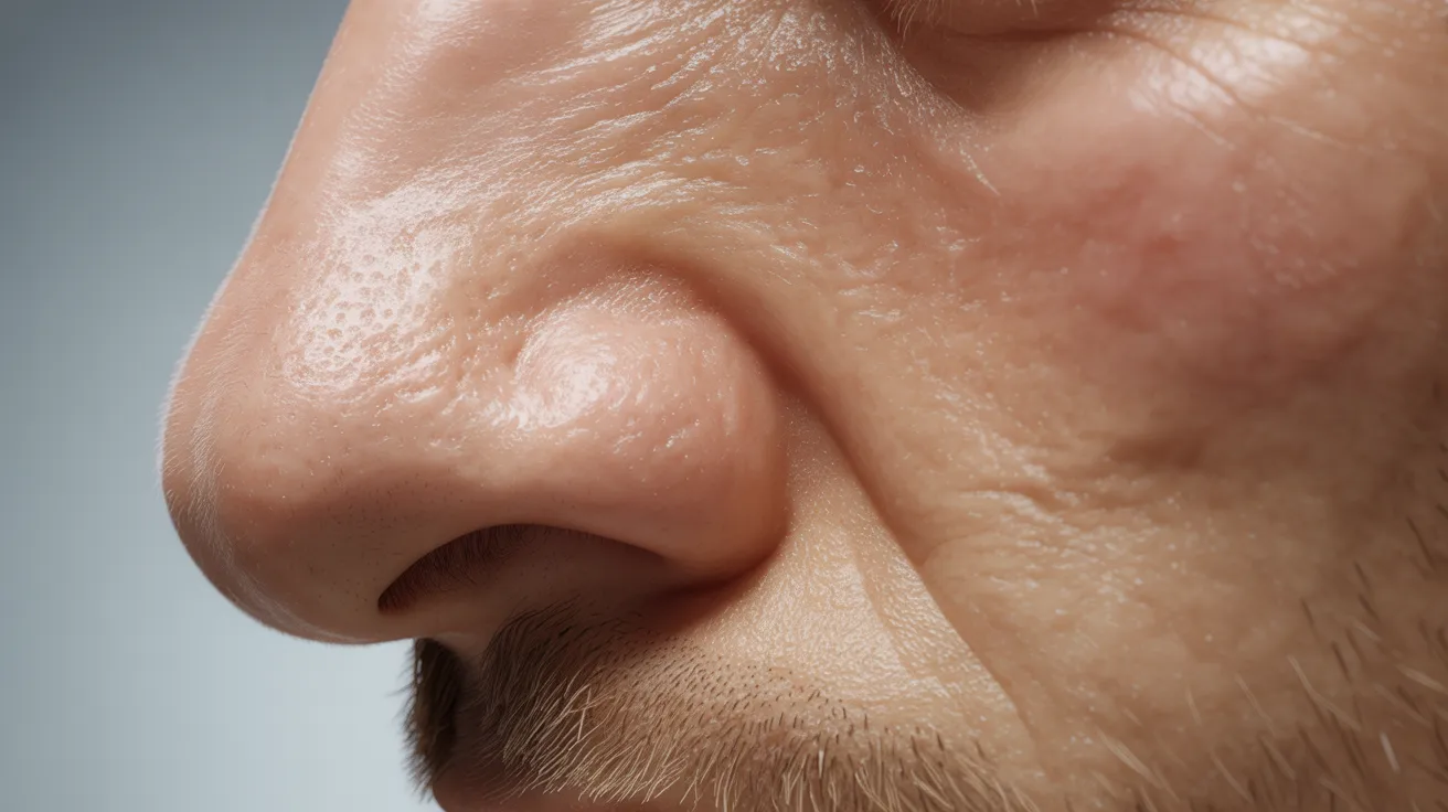 Close-up of a man's nose, showcasing its shape and texture against a blurred background.