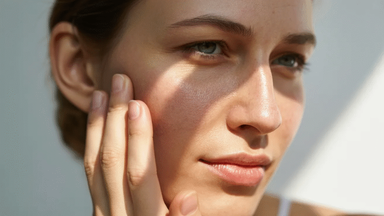 A woman with her hand on her face, expressing a moment of reflection or concern.