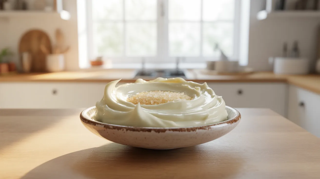 A bowl of fluffy whipped cream placed on a wooden table, ready for serving or decoration.