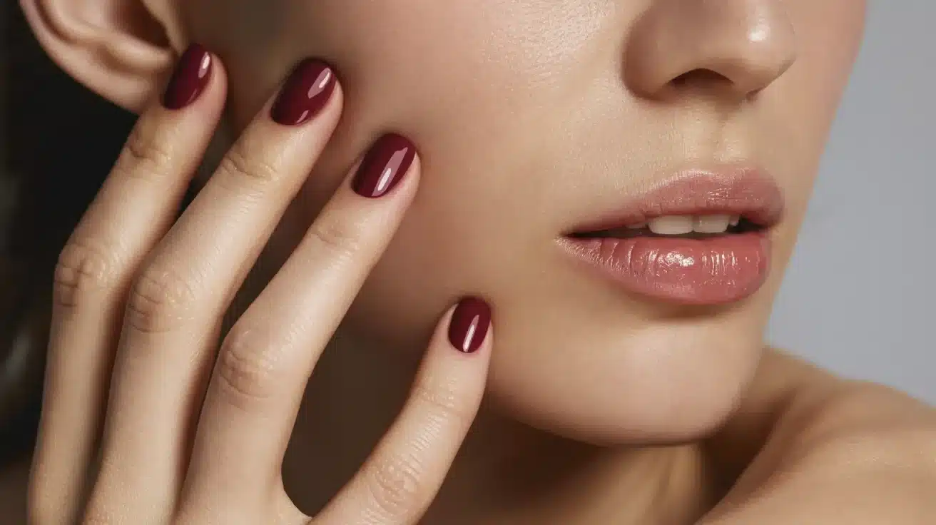 A woman showcasing her red manicure with neatly polished red nails.