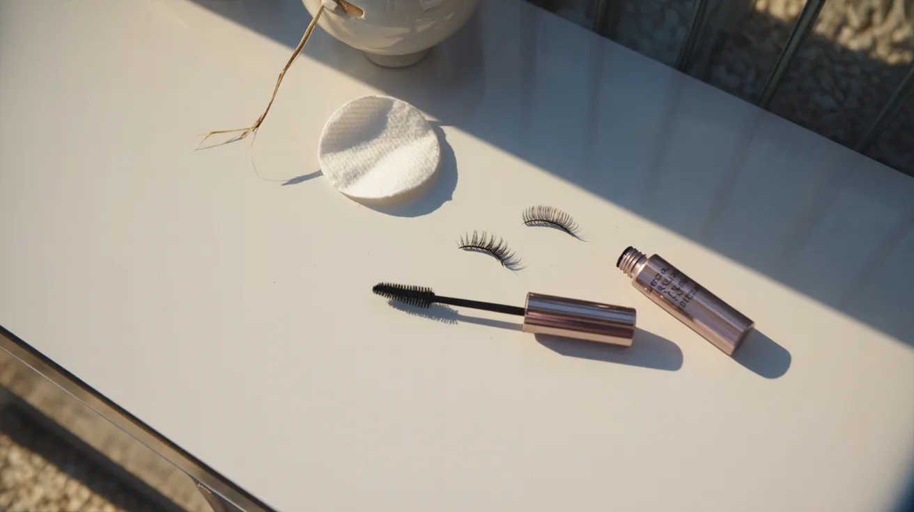 A pair of mascara tubes and false eyelashes arranged neatly on a table surface.