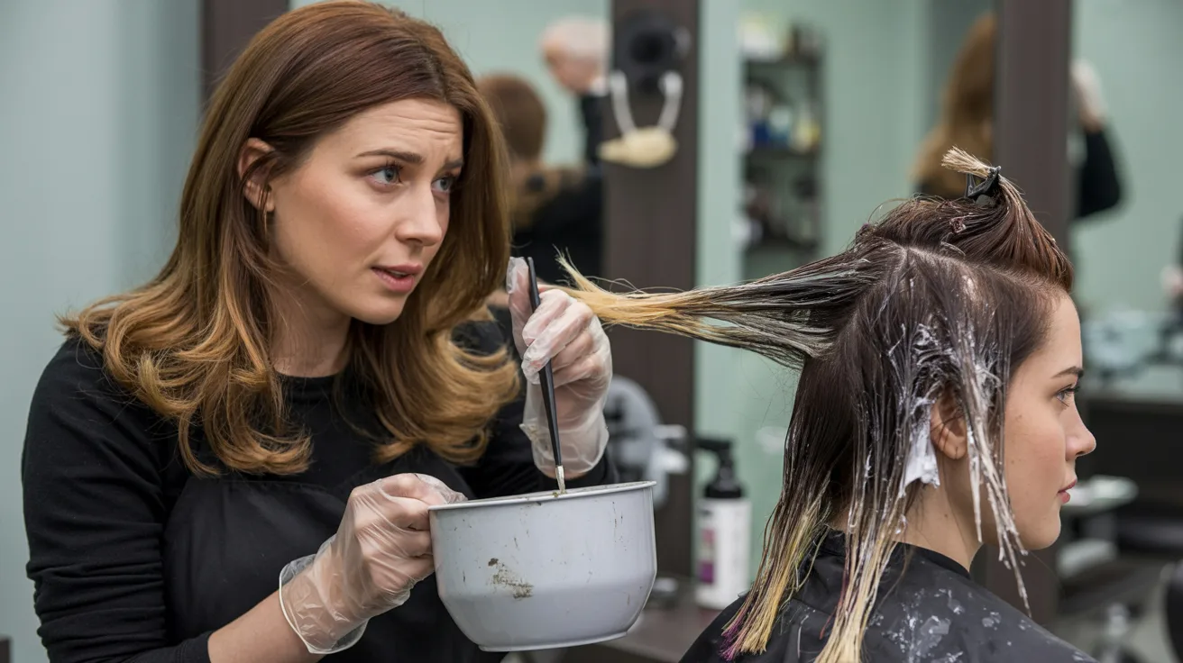 A woman sits in a salon chair, having her hair dyed by a stylist, surrounded by salon equipment and mirrors.