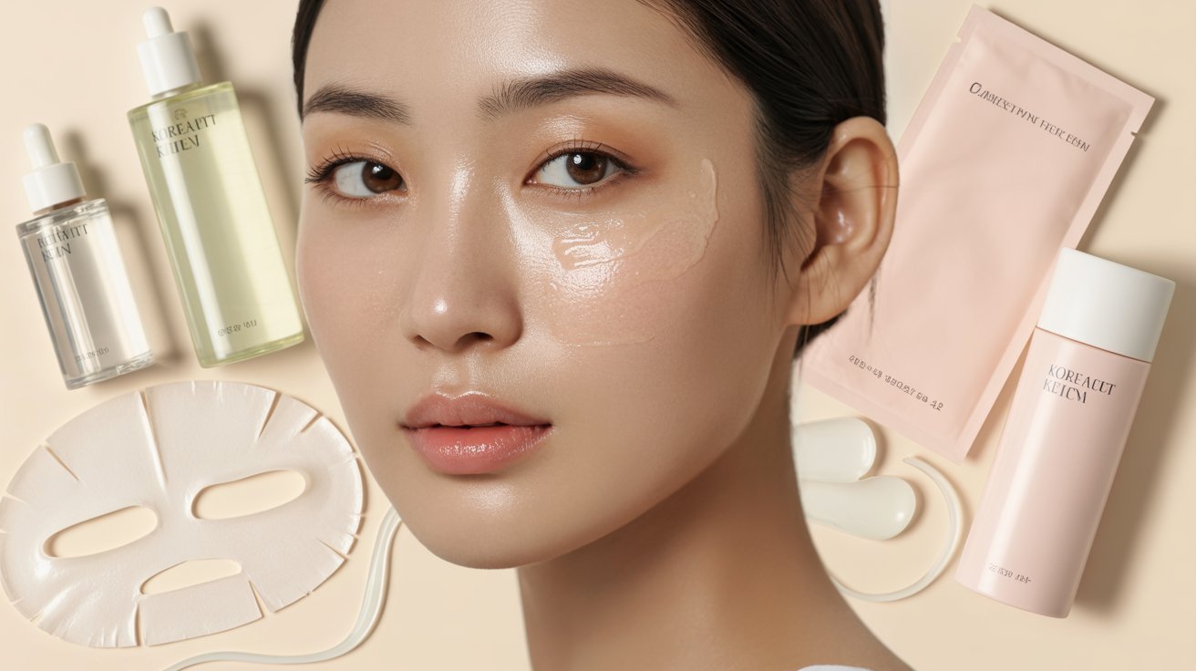 A woman holds a face mask alongside various skincare products, showcasing her beauty routine.