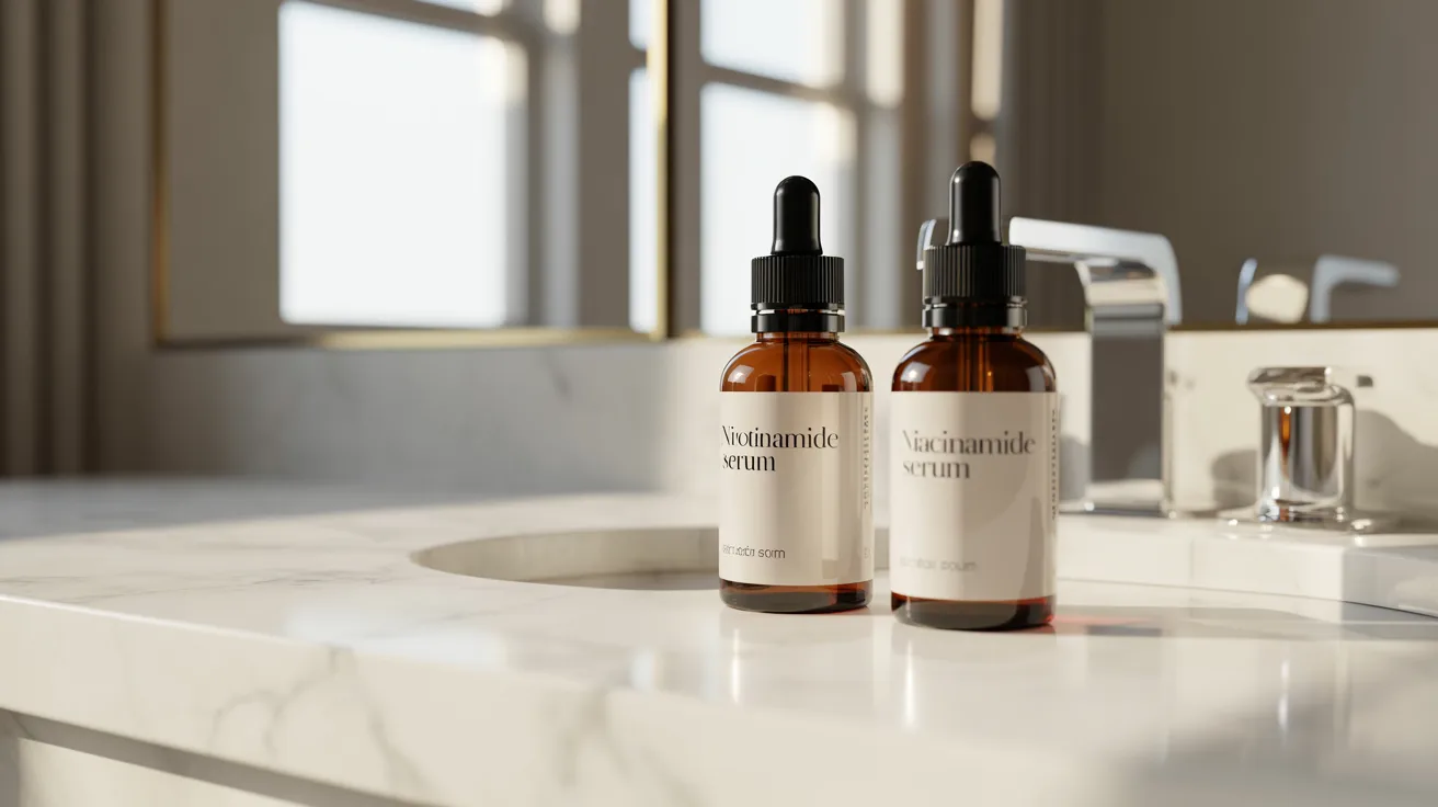 A bathroom sink displays two bottles of skin care products, emphasizing a neat and organized personal care space.