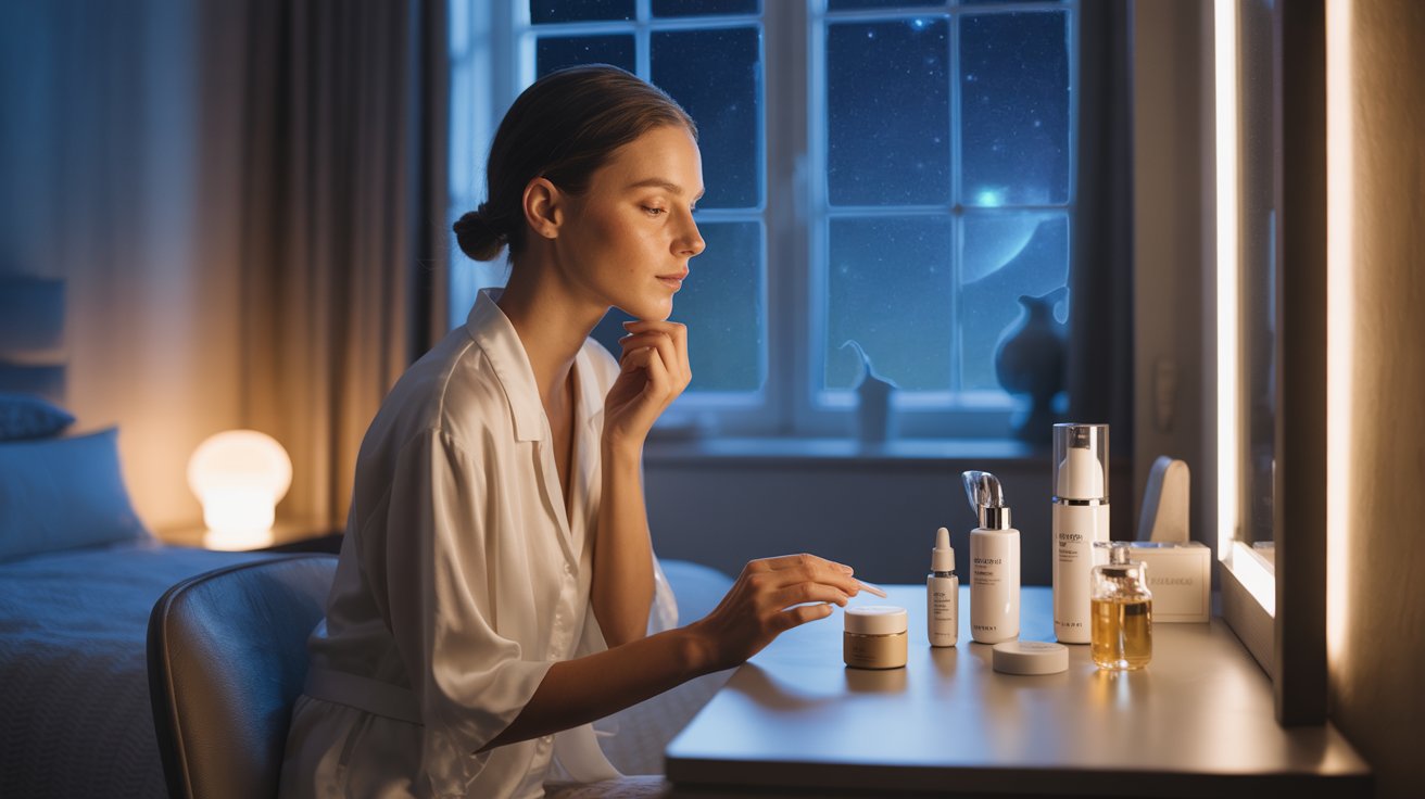 A woman sits at a table surrounded by her makeup and skincare products, thoughtfully organizing her beauty essentials.