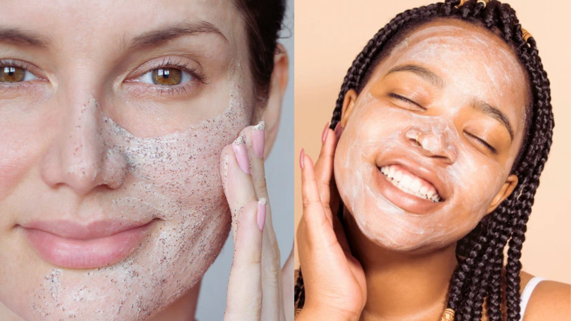 Two images of a woman with white powder on her face, showcasing different angles and expressions.