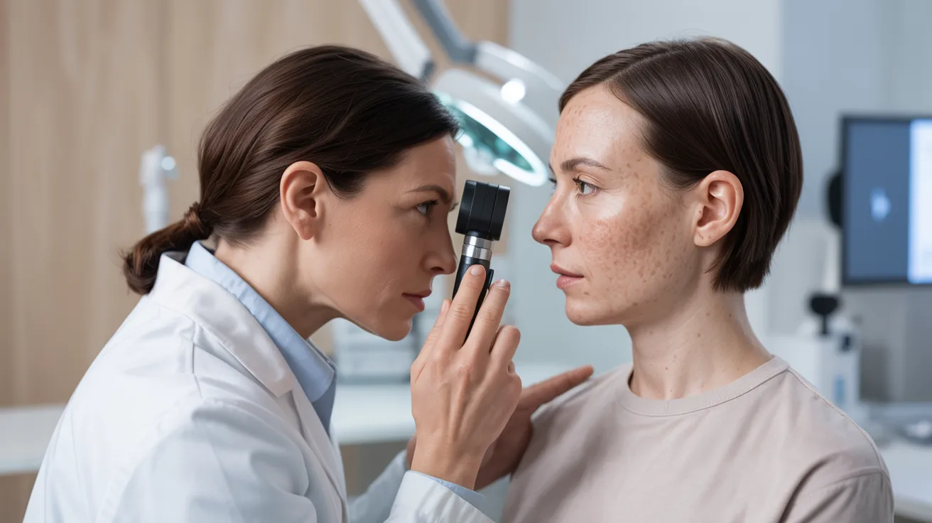 A woman attentively looks at a doctor's ear while discussing health concerns.