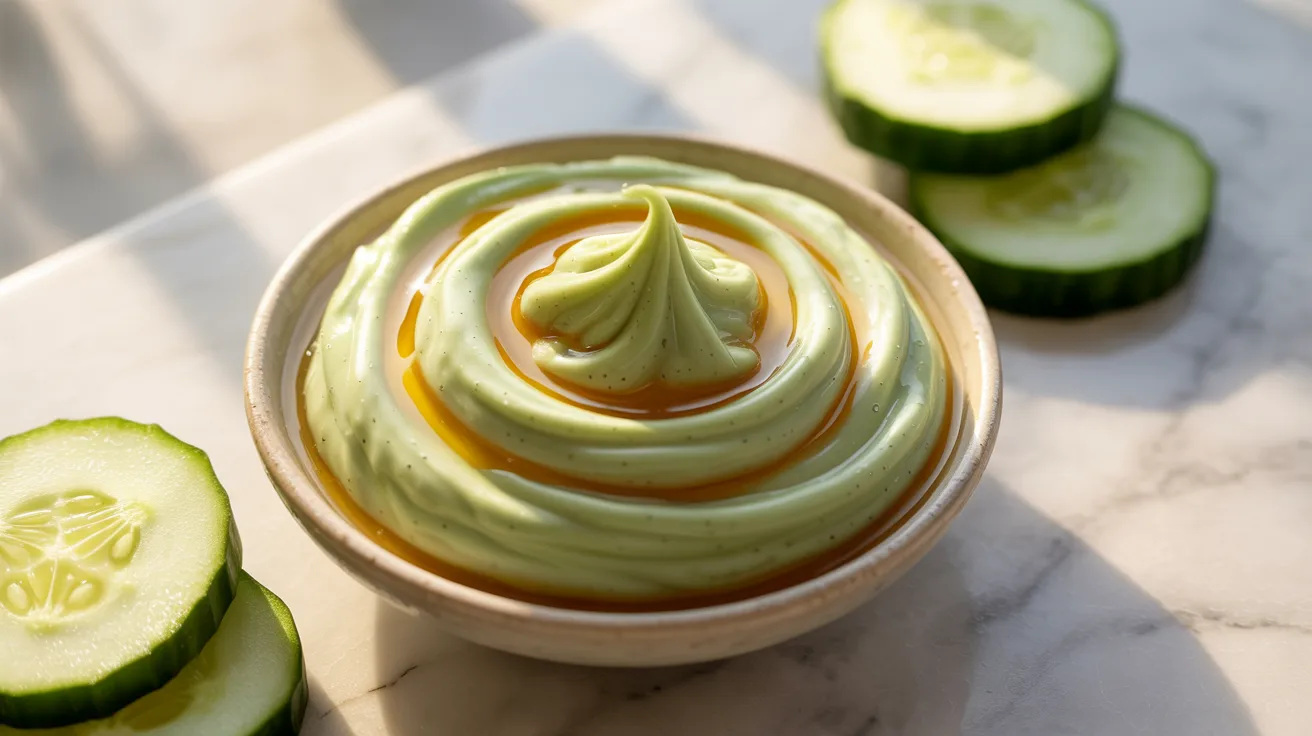 A bowl of creamy cucumber and avocado dip surrounded by fresh cucumber slices.