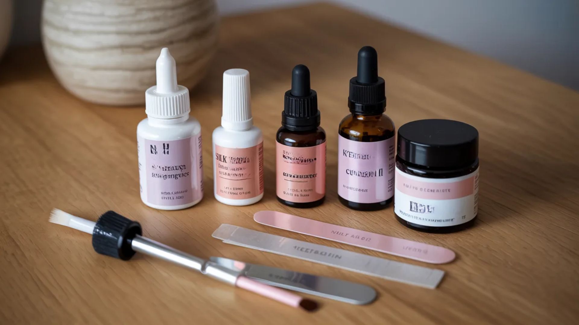 A selection of beauty products, including skincare and makeup, arranged neatly on a table.