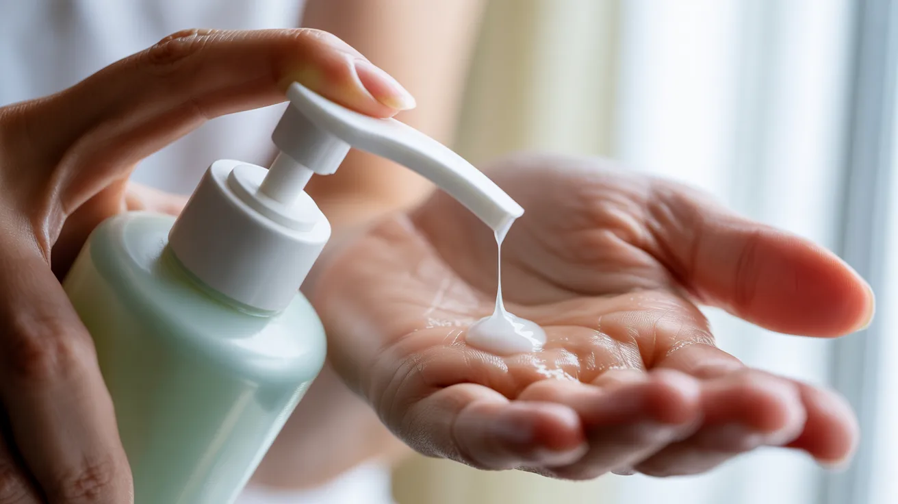 A person holding a bottle of hand lotion, showcasing the product in a well-lit environment.