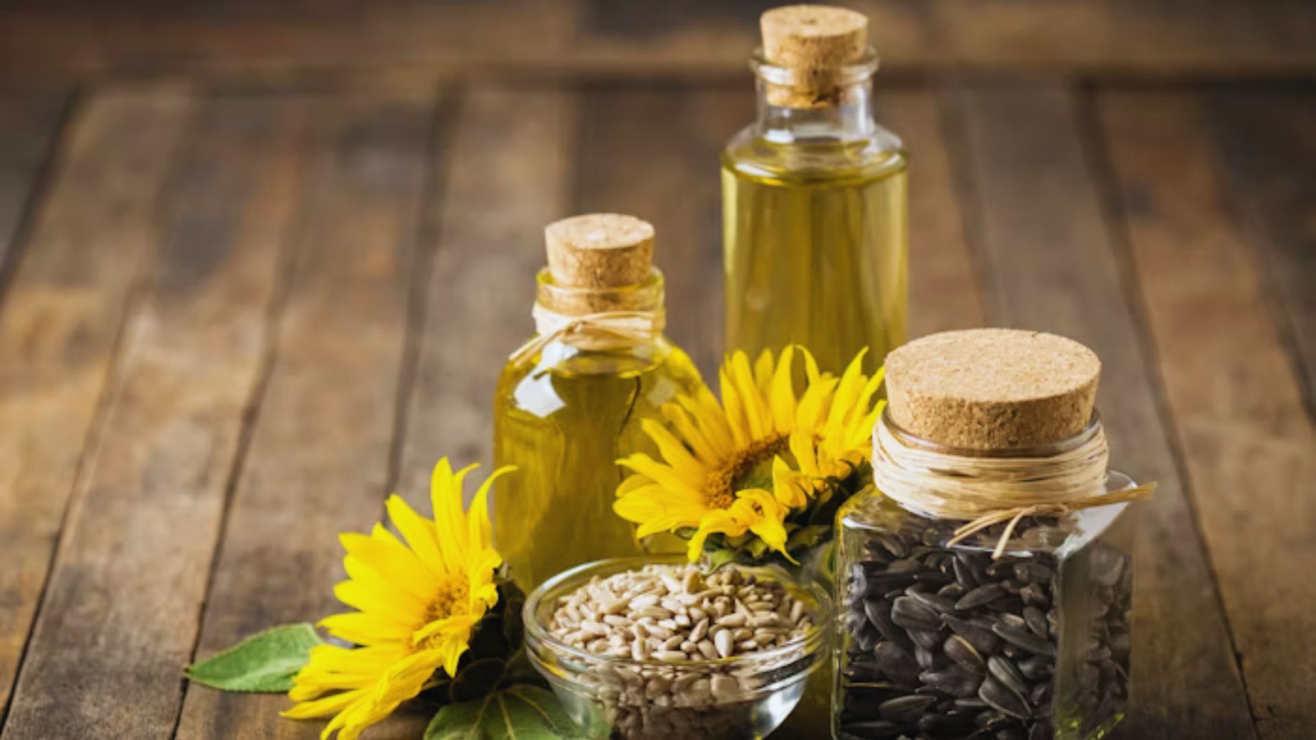 Sunflower oil in a bottle, surrounded by sunflower seeds on a wooden surface.