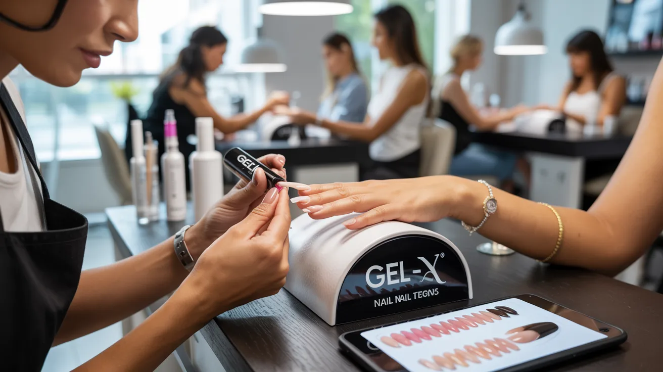 A woman is seated at a nail salon, having her nails painted by a technician.