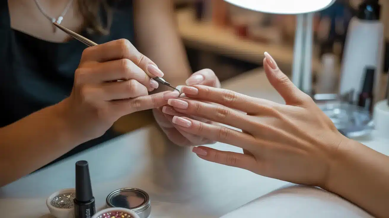 A woman sits in a nail salon, having her nails painted by a technician.