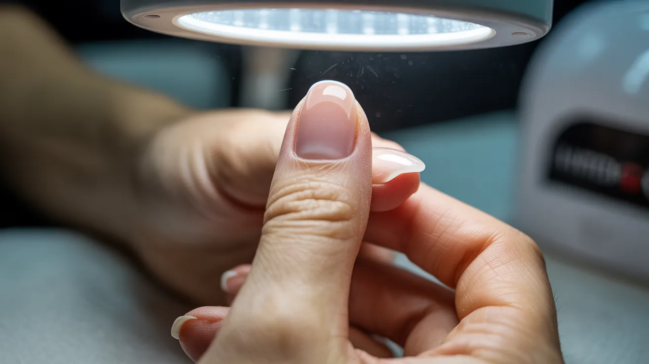 A person holds a bottle of nail polish on their finger, showcasing a vibrant color against a neutral background.