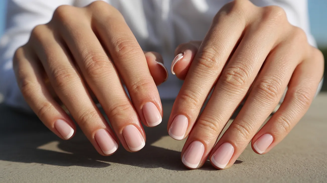A close-up of a woman's hands showcasing pink nails with elegant white tips.