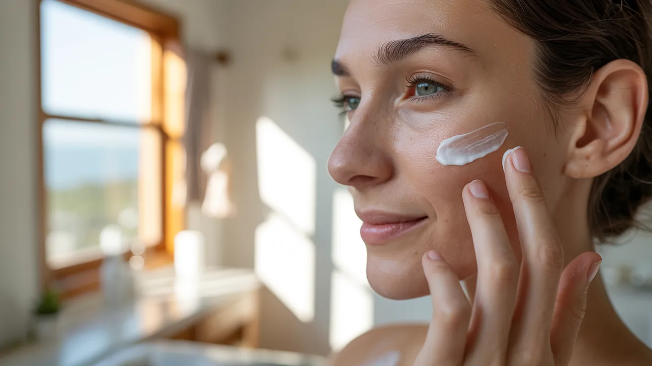 A woman gently applying cream to her face, focusing on skincare in a well-lit bathroom setting.
