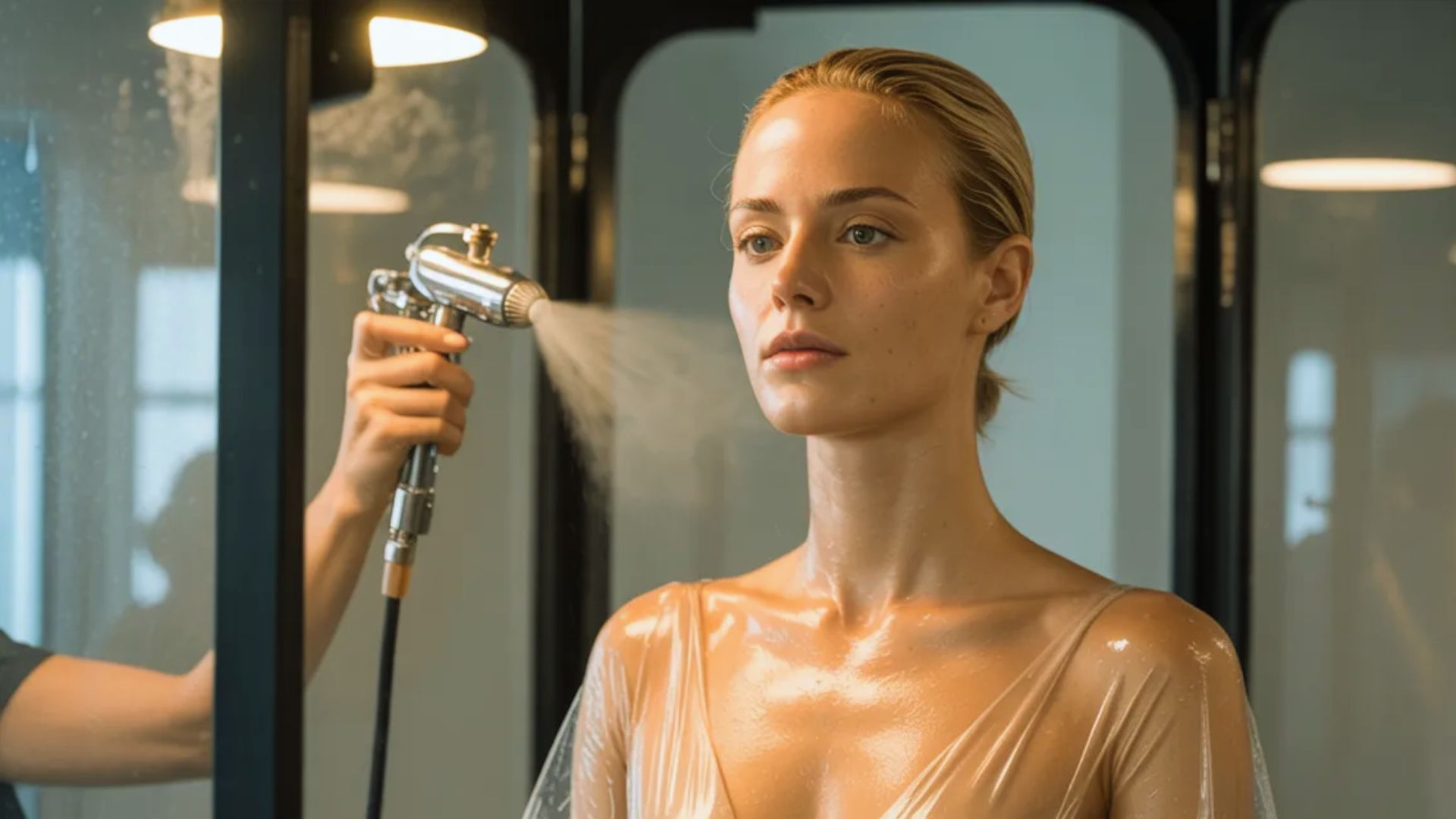 A woman has her hair misted with water, preparing for styling or a refreshing look.