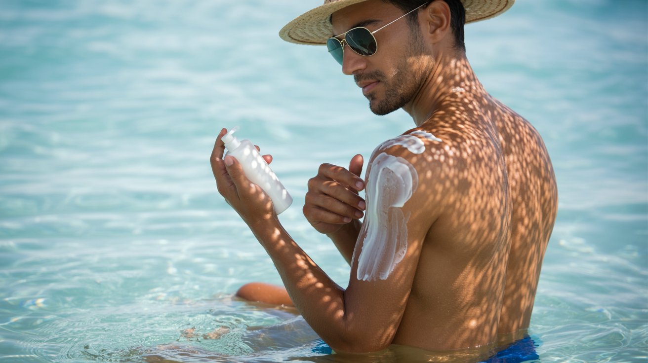 A man wearing a hat and sunglasses applies sunscreen to his body, preparing for sun exposure.
