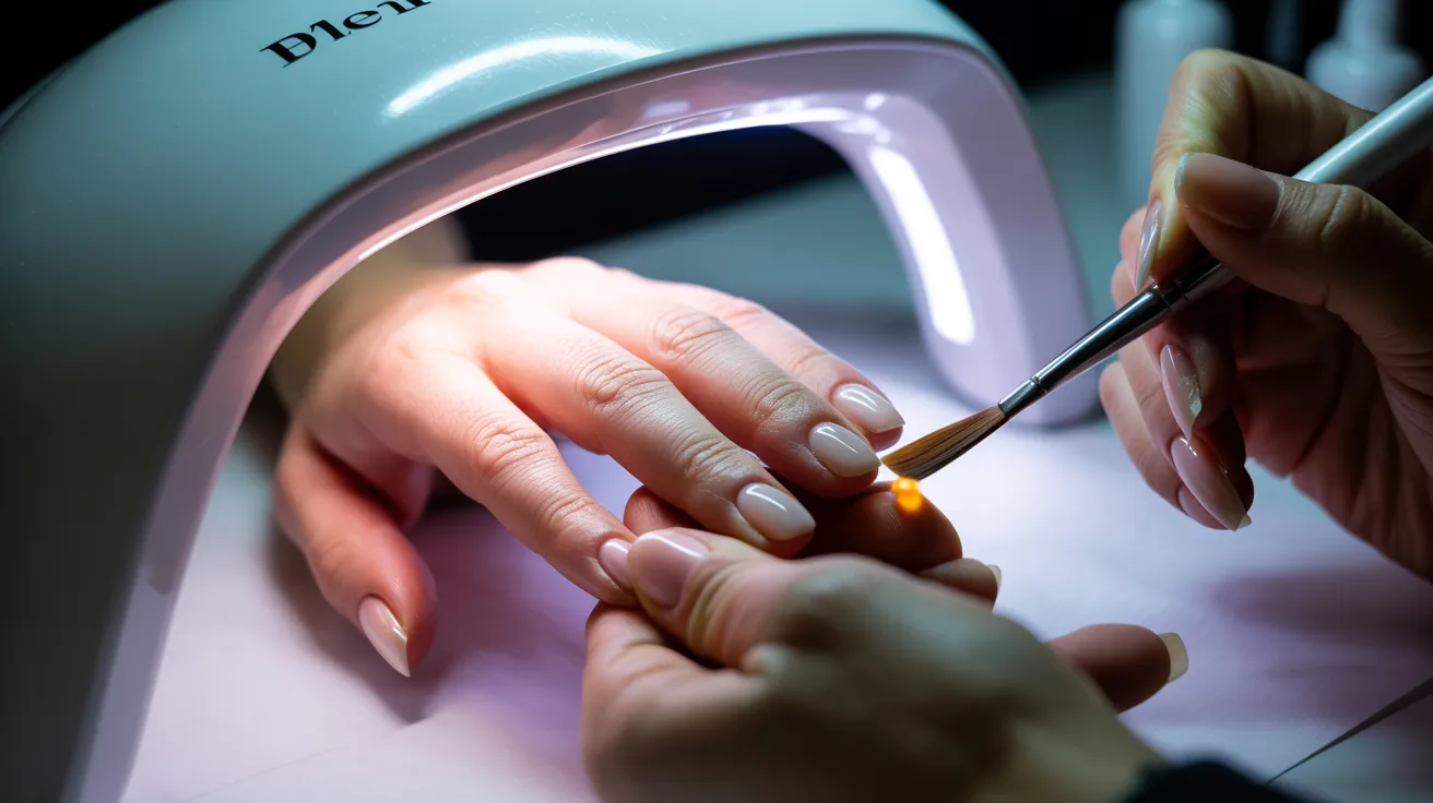 A person operates a nail polish machine, applying color to nails in a salon setting.