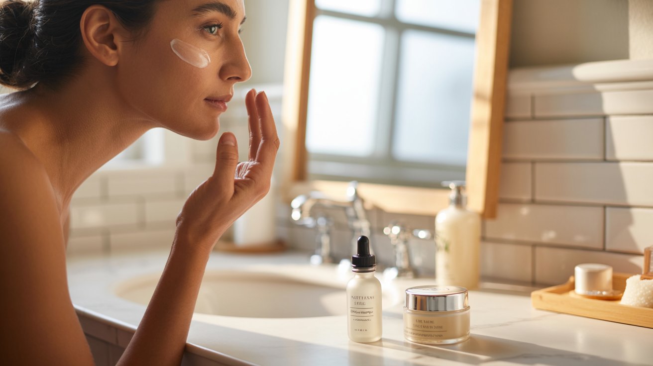 A woman applies skin care products to her face, focusing on her skincare routine in a well-lit bathroom setting.