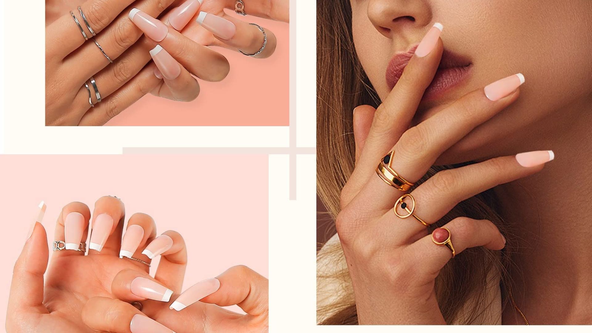 A collage showcasing various styles of nails and rings, highlighting their unique designs and colors.