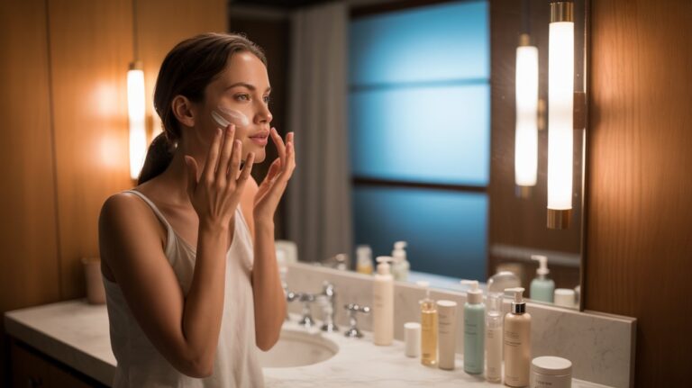 A woman uses a facial cleanser on her face, demonstrating her skincare routine in a clean and bright bathroom environment.