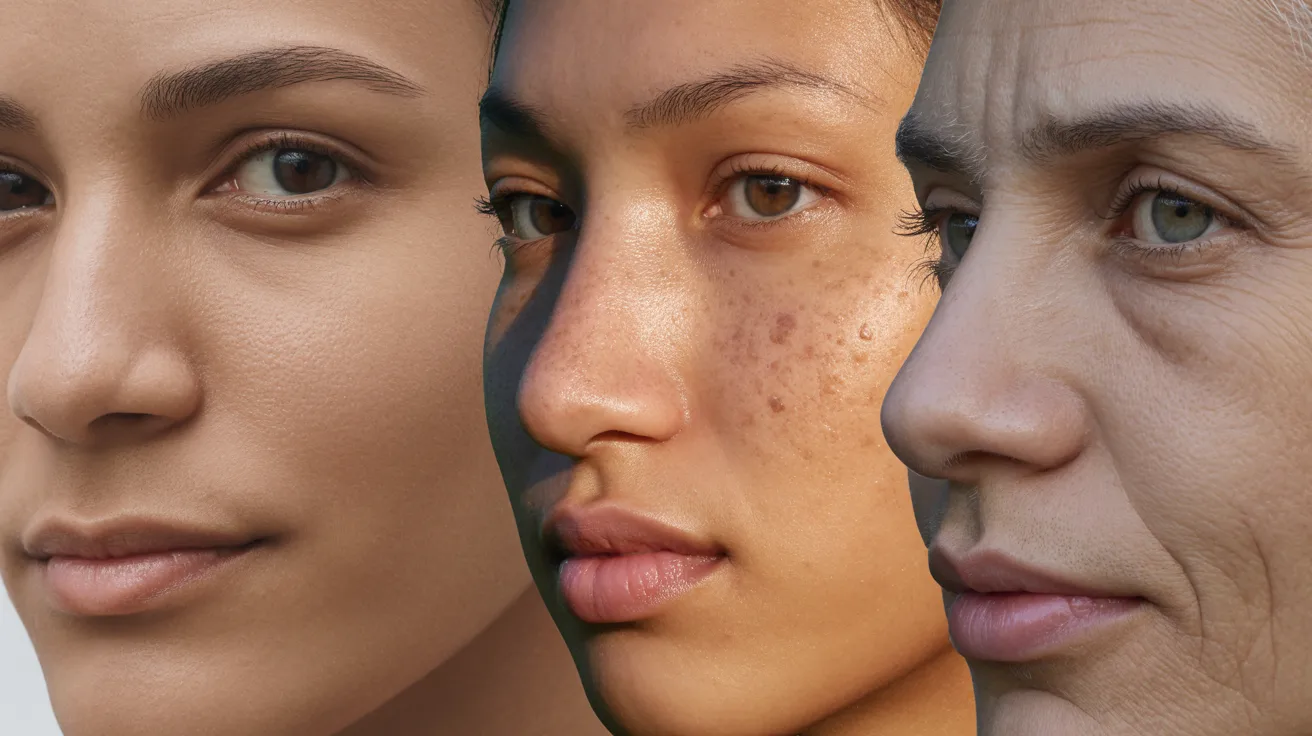 Three women with diverse skin types, showcasing a range of tones and textures in a harmonious group setting.