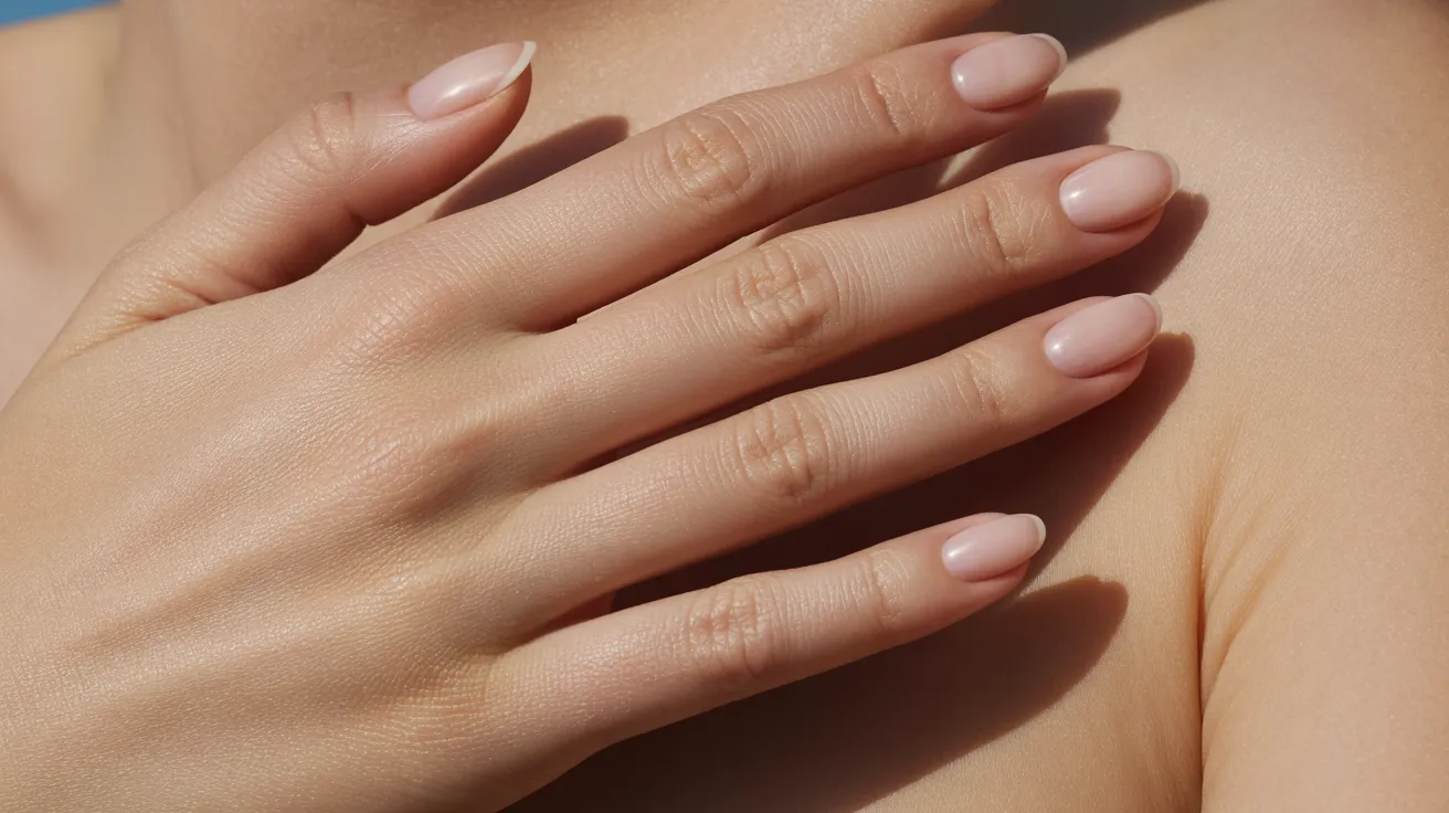 A close-up of a woman's hands showcasing a neat nude manicure on her well-groomed nails.